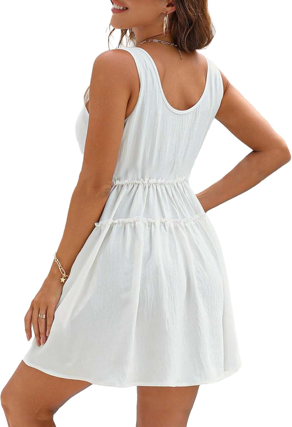 Sexyshine Women's Summer Casual Sleeveless Ruffle Mini Dress Flowy Tiered Pleated Beach Cover Up Sundress with Pockets - Image 2