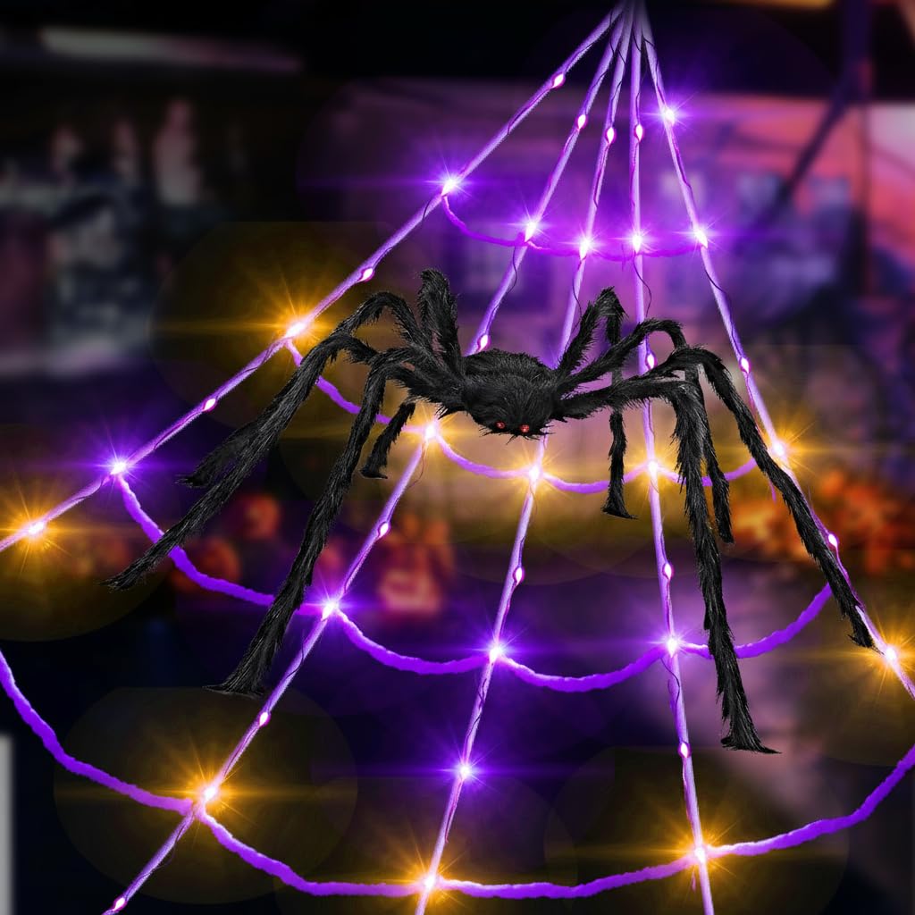 5Ft Giant Spider 20 * 17FT Halloween Spider Web 150 Led Purple Lights Light Up Lighted TriangularBattery Operated Waterproof with 200sqft Cobweb and 20 Small Spiders for Indoor and Outdoor Decor