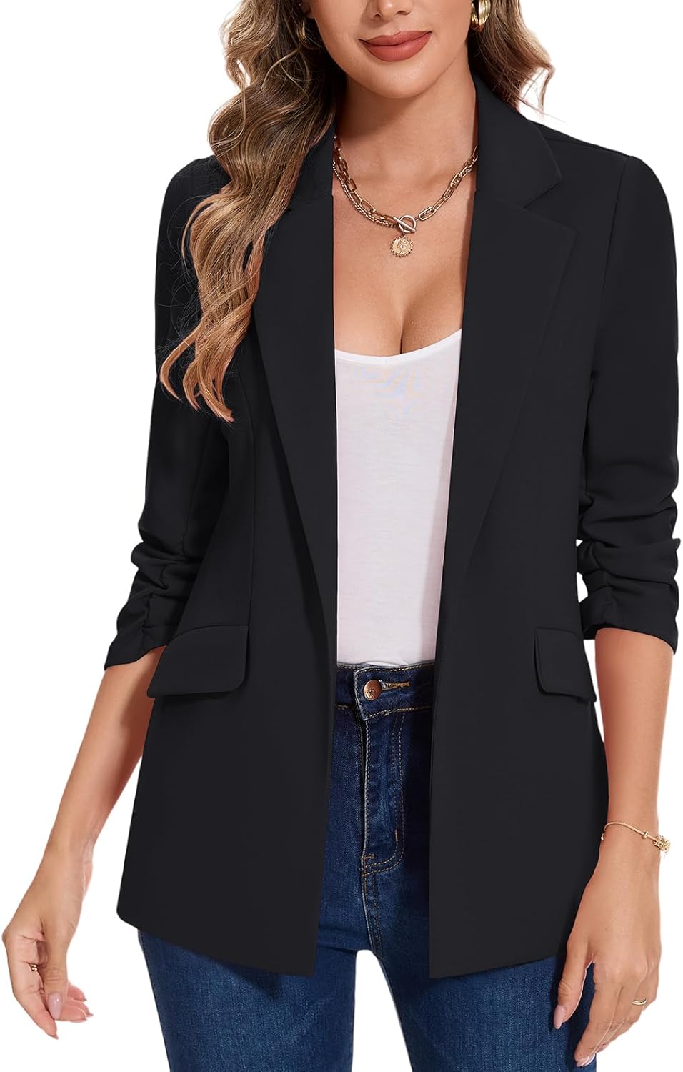 MINTLIMIT Blazer for Women Open Front 3/4 Ruched Sleeve Suit Jacket Notched Collar Casual Work Office Blazers with Pockets