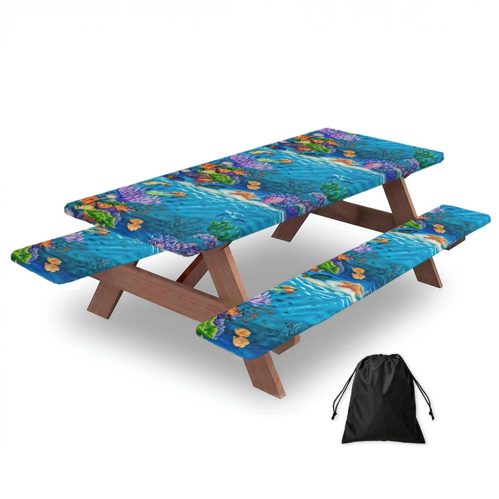 Yqxwjl Black Ocean Sea Turtle Tropical Fish Starfish Print Camping Essentials Waterproof Camping Table And Bench Cover With Drawstring Bag 183 Cm