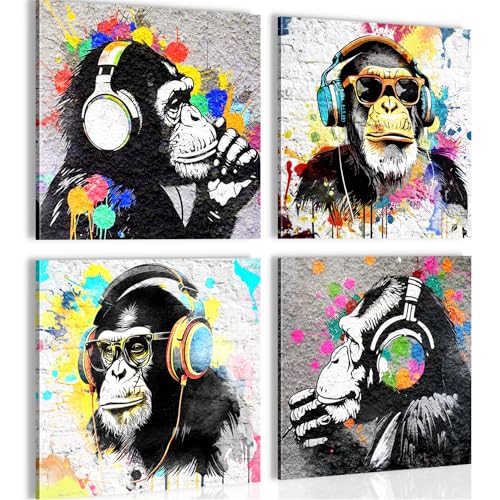 Novart Bilder - KEIN EXTRA RAHMEN BENÖTIGT - Wohnzimmer Schlafzimmer Loft - Bilder Modern Banksy Collage - Grau Bunt - N034543a