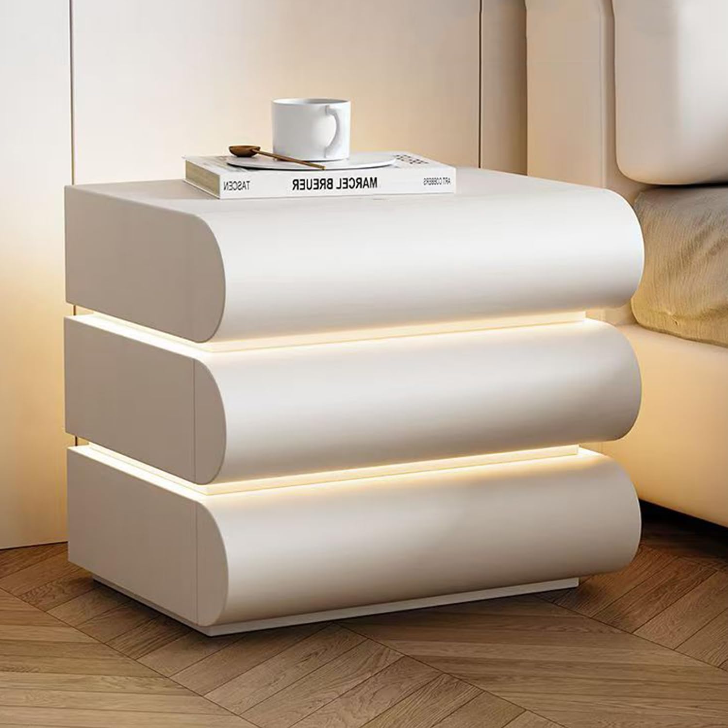 White Night Stand with LED Light, Leather Nightstand, Modern Bedside Table with 3 Solid Wood Drawers, No Assembly Required(19.7''H) (White)