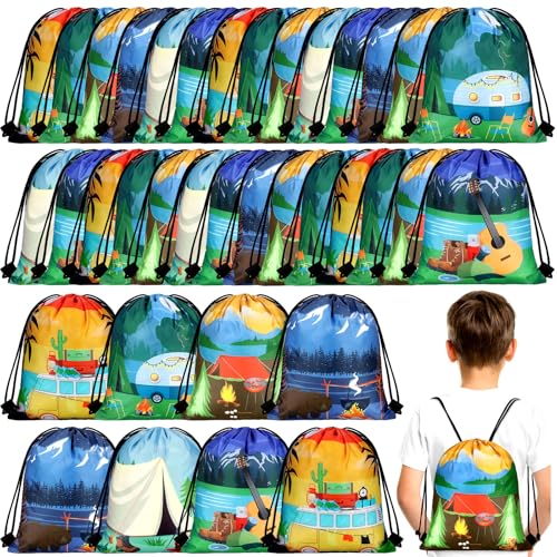 Woanger 24 Pcs Camping Party Favors Camping Adventure Drawstring Bags Goodie Candy Drawstring Bags Backpack Birthday Party Supplies Decorations for Boys Kids