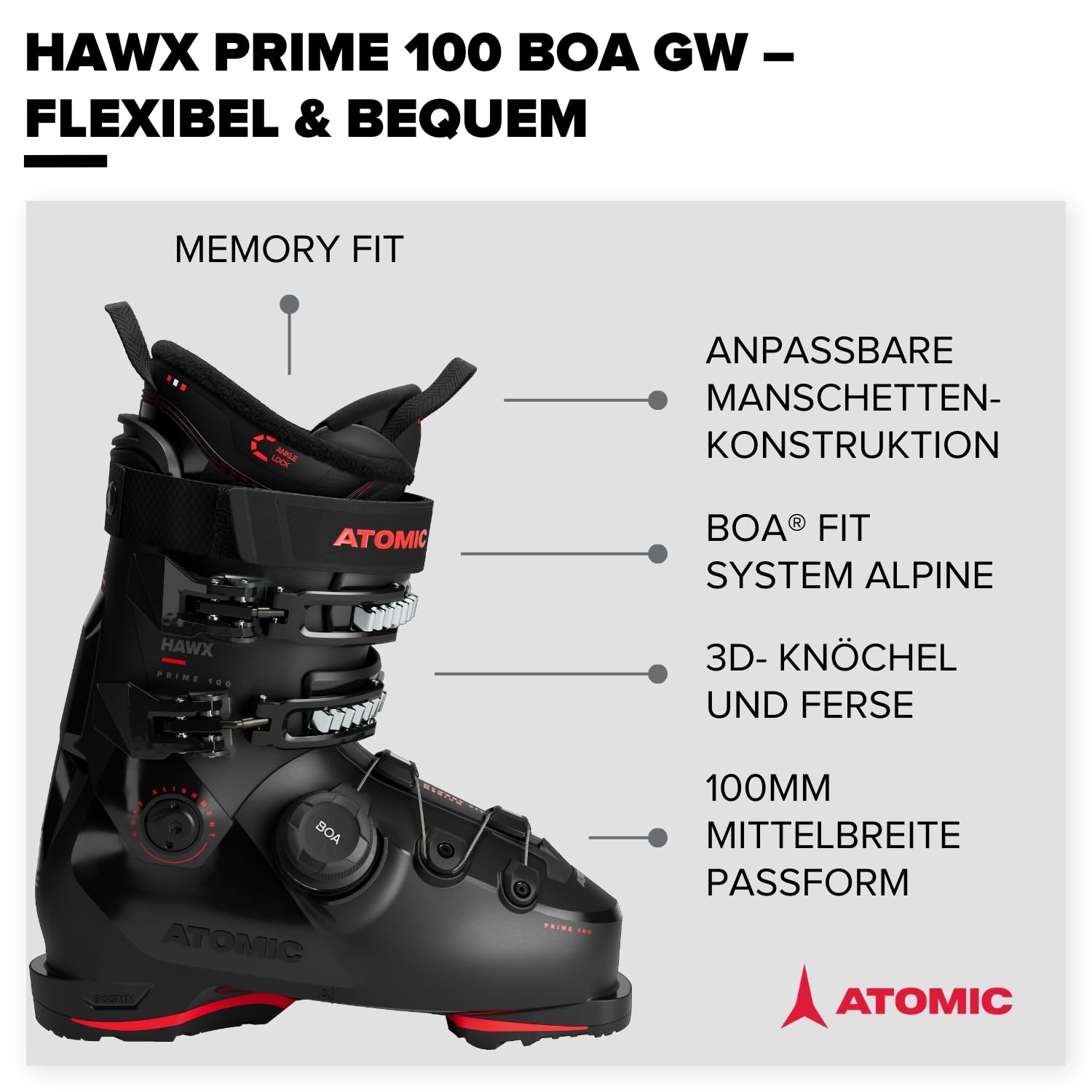 Atomic HAWX Prime 100 BOA Skischuhe - Mittelbreite Ski-Boots mit 100 mm Passform & 100er-Flex - Hochwertige Ski-Schuhe mit präzisem BOA® Fit System
