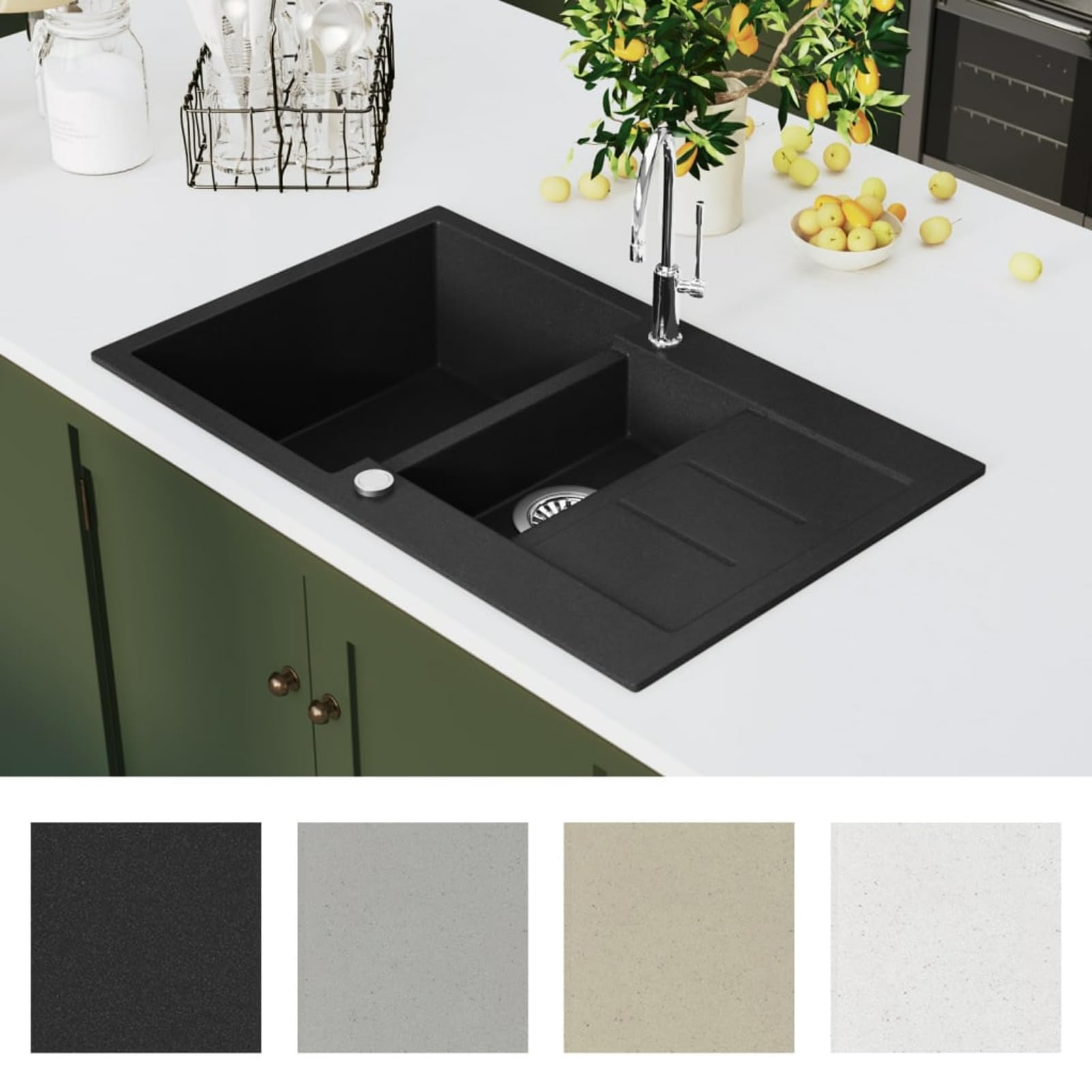 Fregadero de Cocina de Granito Negro - 80% Cuarzo, 20% Resina, Reversible, 800x500x306mm, Instalación Sobrepuesta