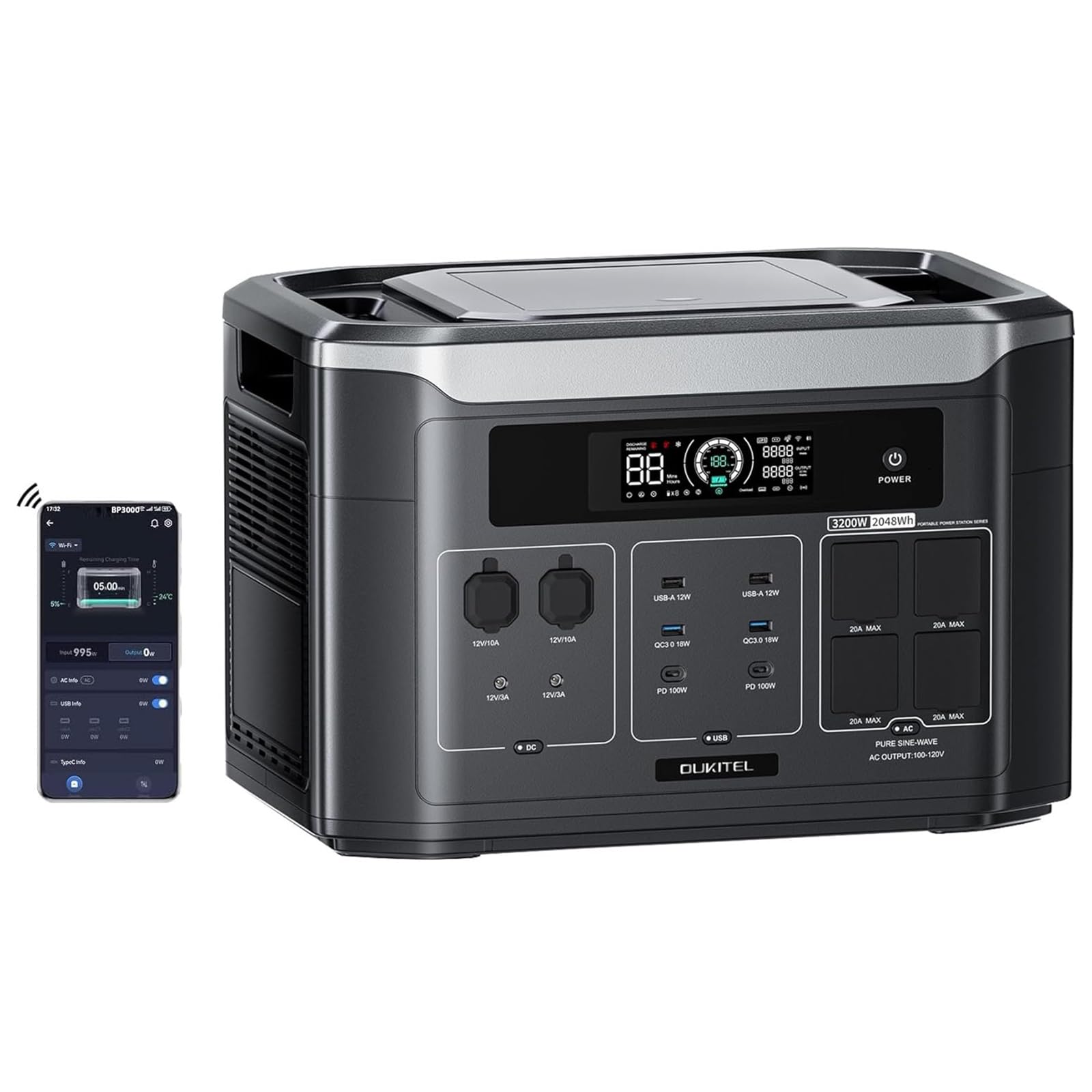 OUKITEL 3200W (6400 Pico) Estacion de Energia Portatil BP3000E, Generador Solar 2048Wh Ampliable hasta 16KWh, Batería LiFePO4, Carga al 80% en 45 min, 16 Puertos, Power Station para Camping, Caravana