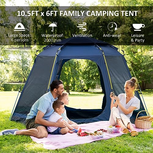 Outsunny 6 Person Pop Up Tent, Waterproof Family Camping Tent With Rainfly, 2 Doors, 4 Mesh Windows, Easy Set Up, Portable With Carry Bag For Camping, Hiking, Traveling, Dark Blue #TOP3