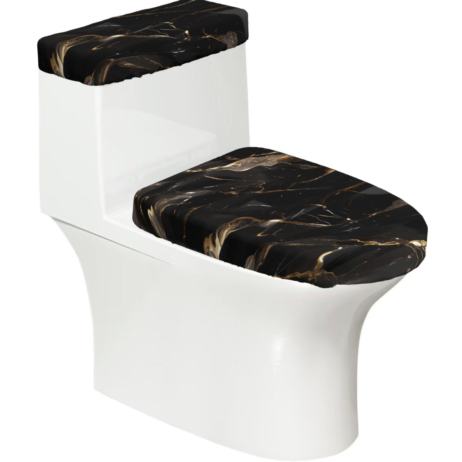 Black Gold Marble Printed Toilet Tank and Lid Cover Set of 2 for Most Bathrooms, Fits Elongated Round Toilets
