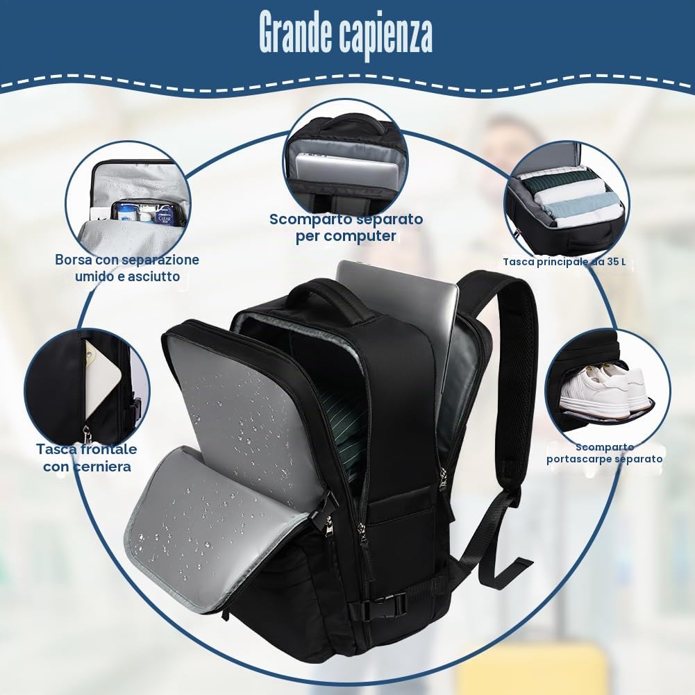 flintronic Zaino per Ryanair, Zaino da Viaggio, Aereo Bagaglio a Mano Antifurto, Borsa da Cabina, Zaino Aereo Unisex con Porta USB