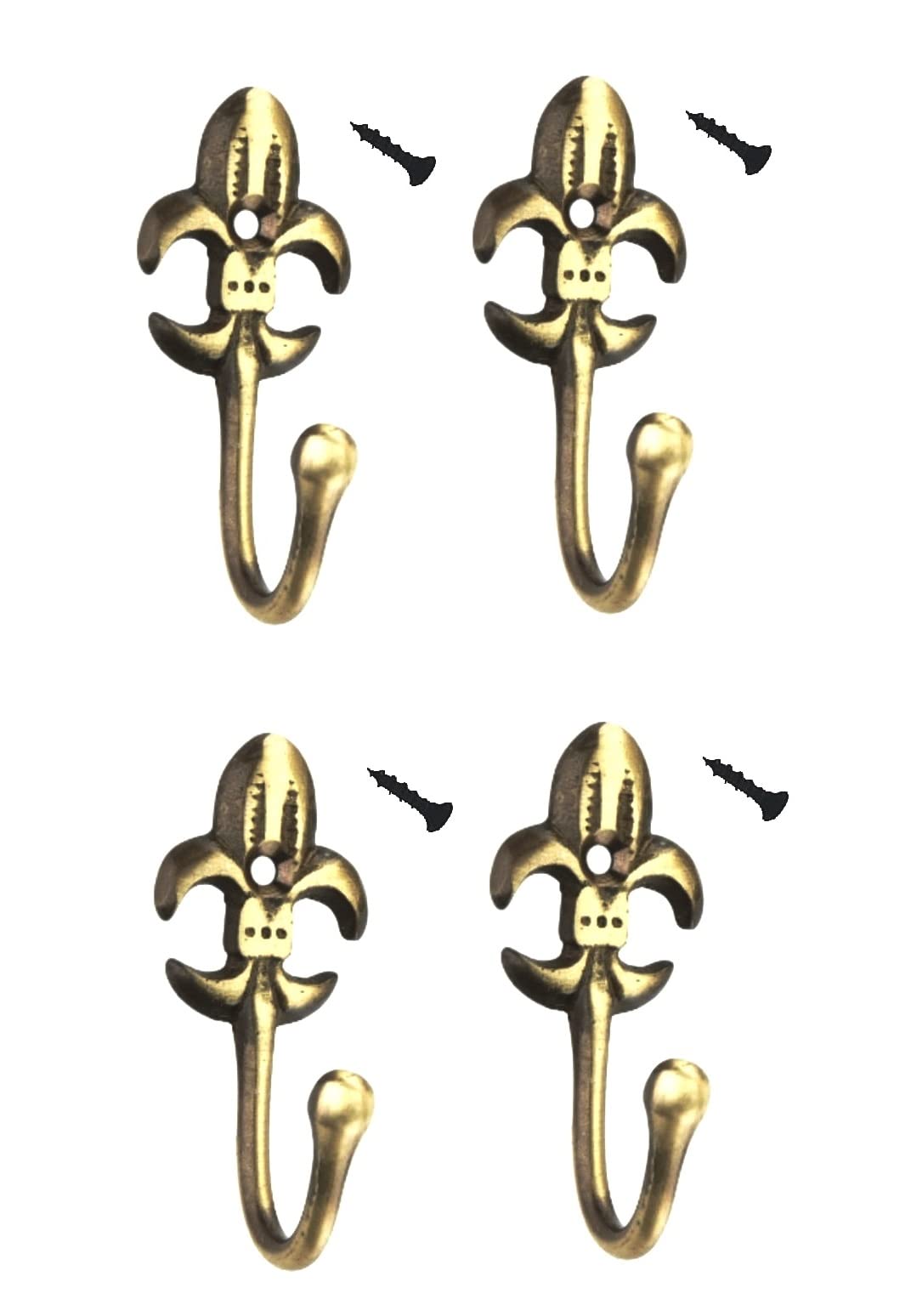 MHS Brass Made Multipurpose Decorative Wall or Door Hooks HangerMounted with Screws (Flower Antique Brass, Pack of 4)