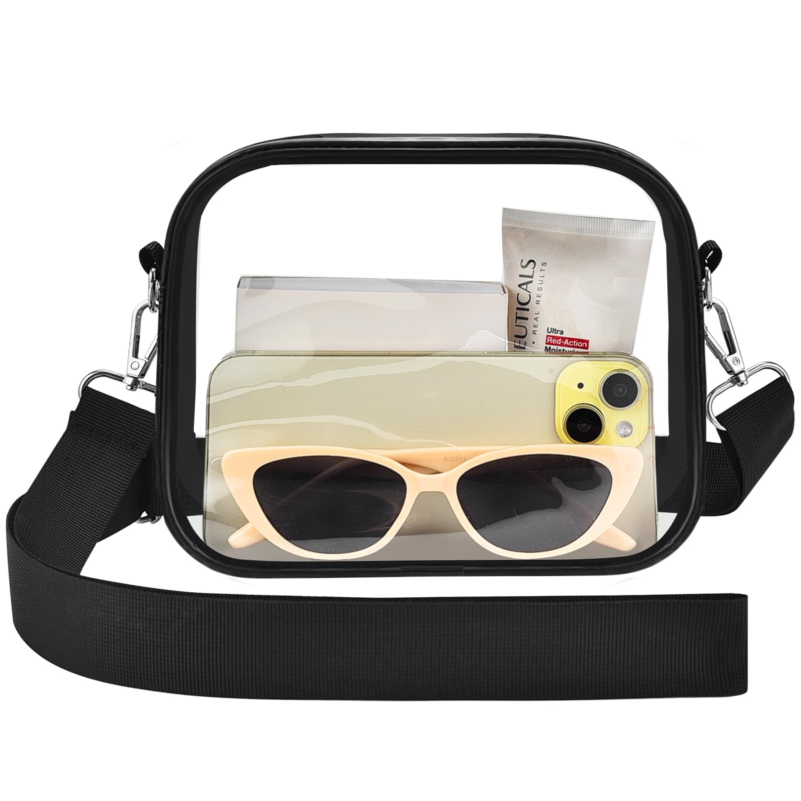 Clear Purse for Stadium Events -Clear Bag Stadium Approved Small Mini Women Handbags & Purses for Sports Fan with Wide Adjustable Strap for Concerts, Festivals and Game Day(Black)