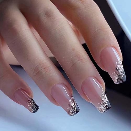 YoYoee Uñas postizas medianas a presión con forma de ataúd francesas, uñas postizas acrílicas brillantes, reutilizables, para mujeres y niñas, 24