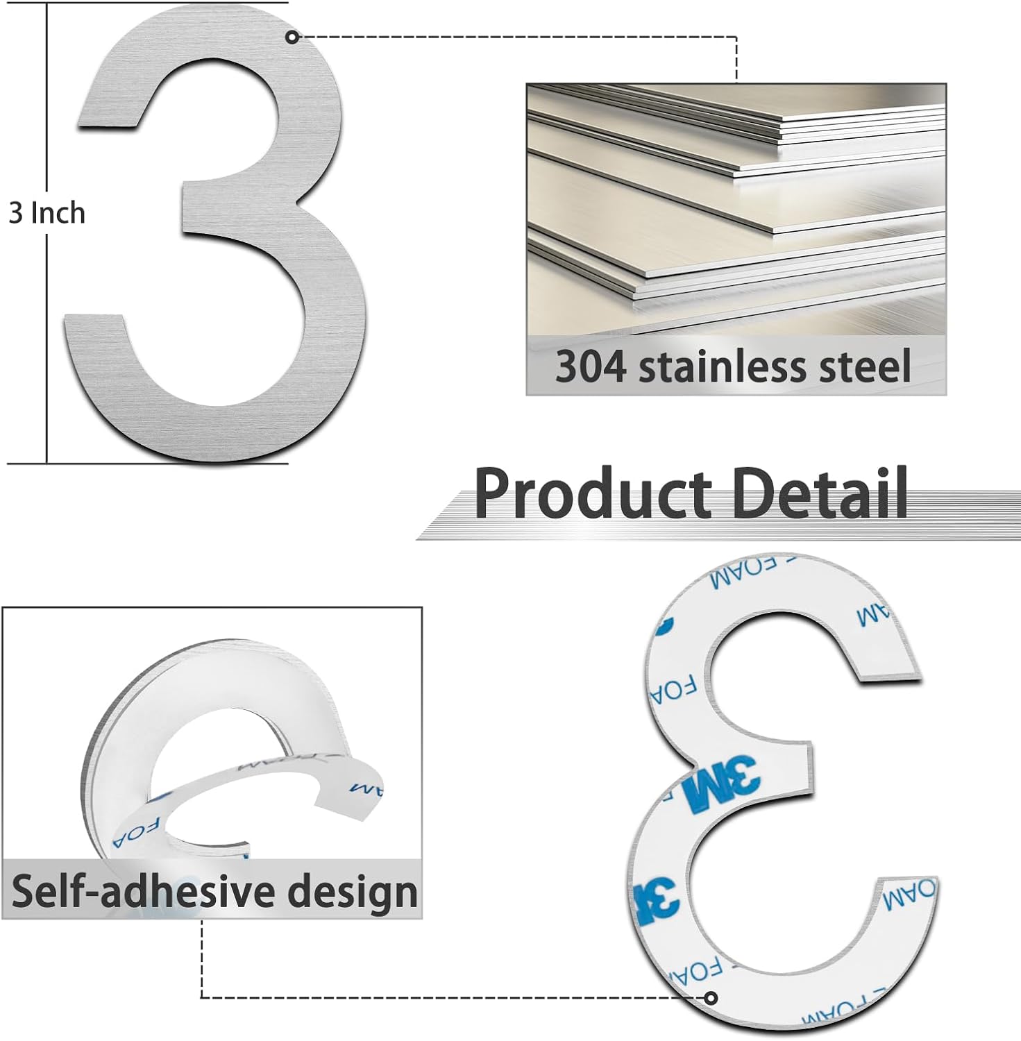 3 Inch Modern House Numbers, Brushed silver Mailbox Number,Stainless Steel Material,Self-Adhesive Number Door Numbers for Apartments Office (3)