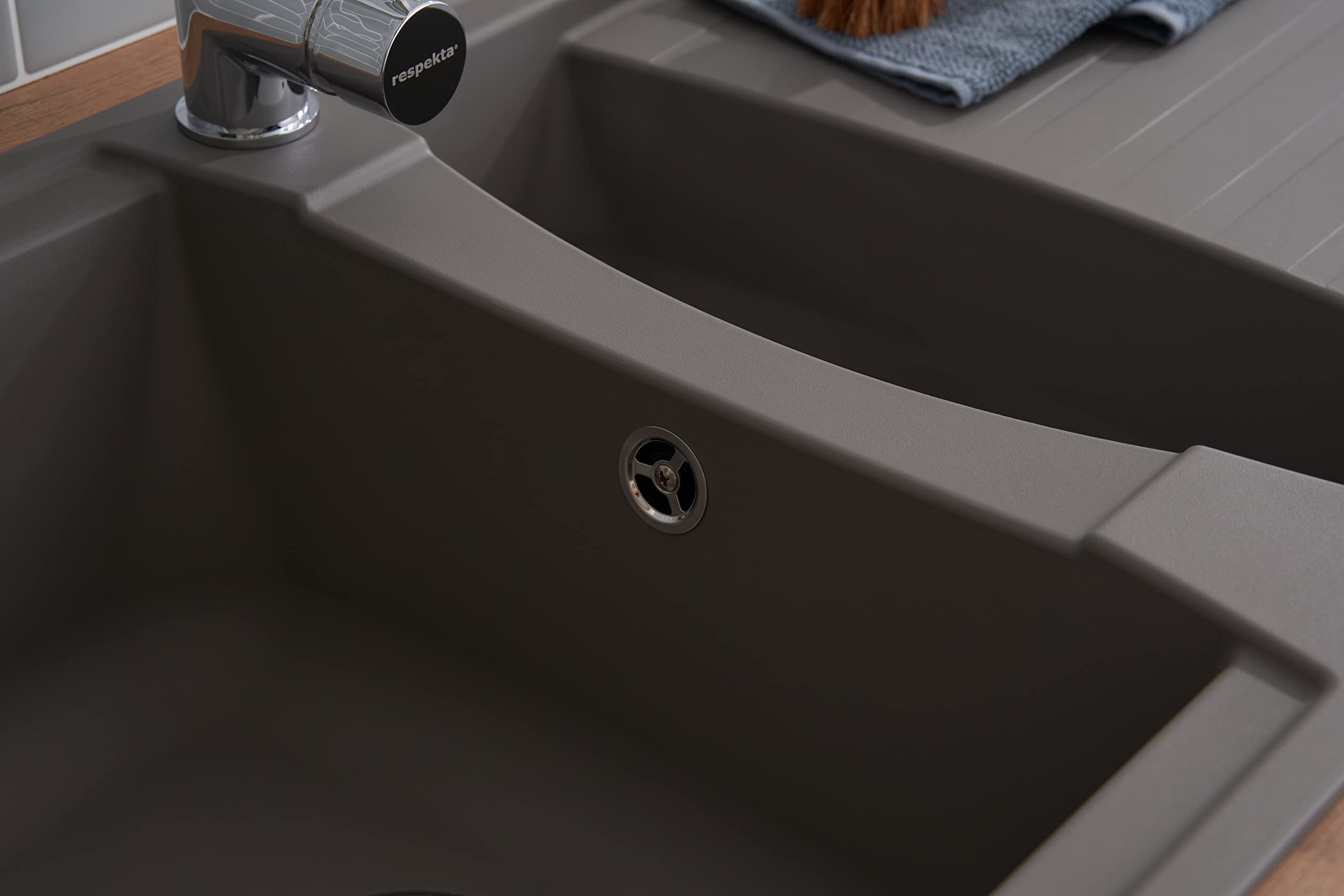 Respekta Évier minéralite en gris béton/Évier encastré 1,5 bac en 100 x 50 cm/Lavabo adapté pour les meubles sous évier dès 60 cm de largeur