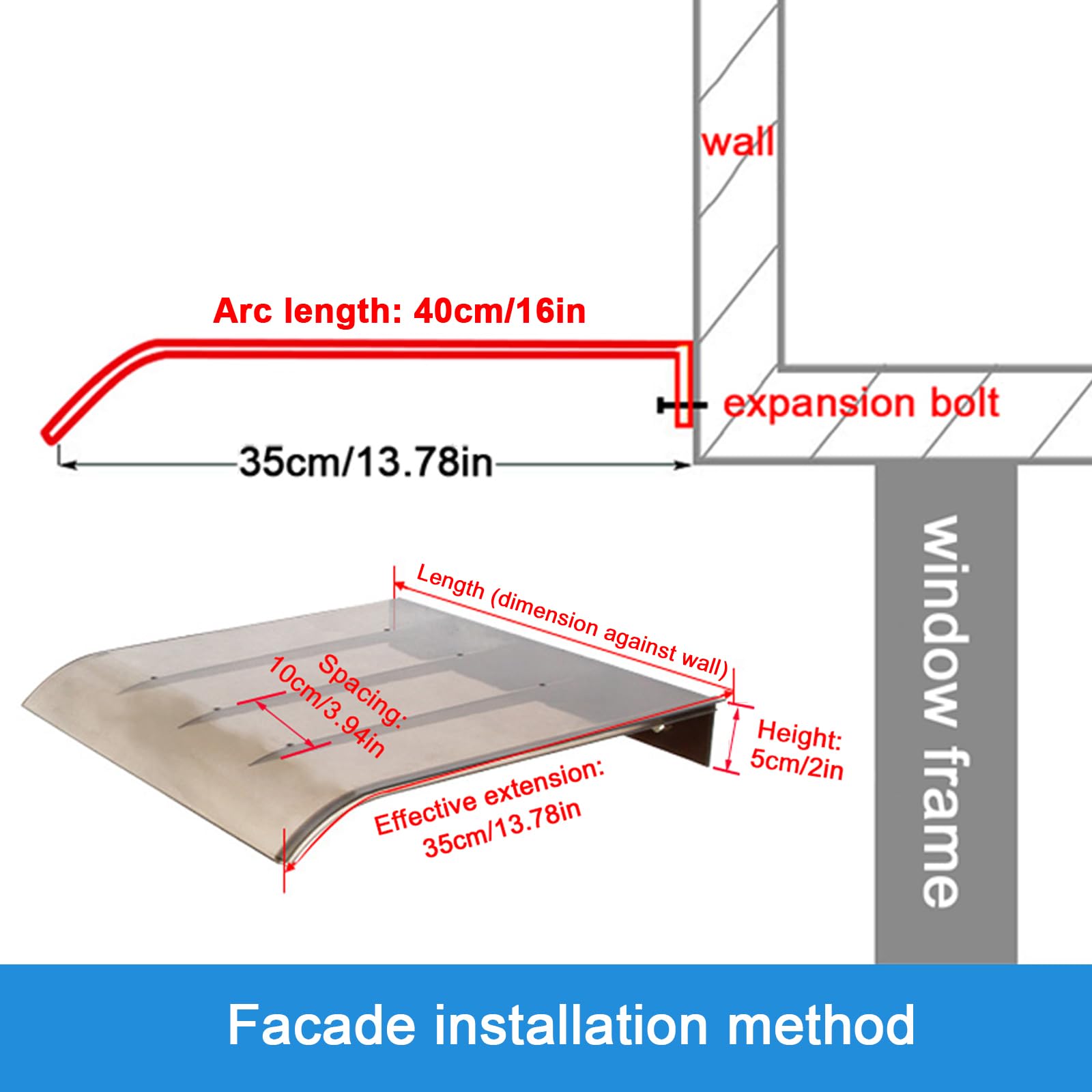 Tettoia da Veranda Pensilina in Policarbonato Spessa 3 Mm, Protezione Solare Antivento Modulabile per Finestre (40x80cm/16"x32")