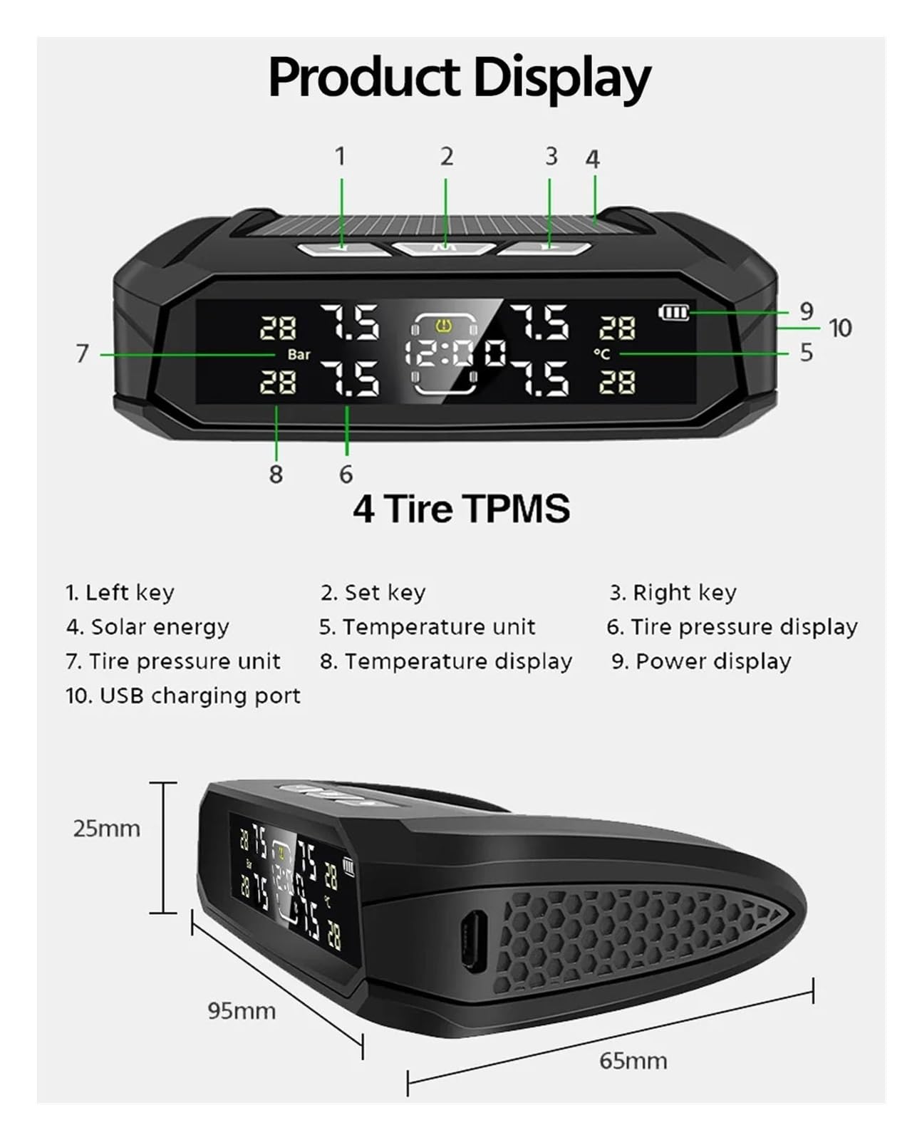 Zegar Słoneczny TPMS Automatyczny System Monitorowania Ciśnienia W Oponach 4 Czujniki 8 Barów Ciśnienie Odpowiednie Dla Różnych Pojazdów Precyzyjne Wykrywanie(K10P-internal Sensor)