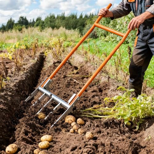 Jebosam Grabegabel Broadfork mit 5 Zinken Garden Tool - 50cm Breite Broad Fork mit Trittbügel, Robuste Grabegabel für Unkraut Entfernen und Bodenlockerung