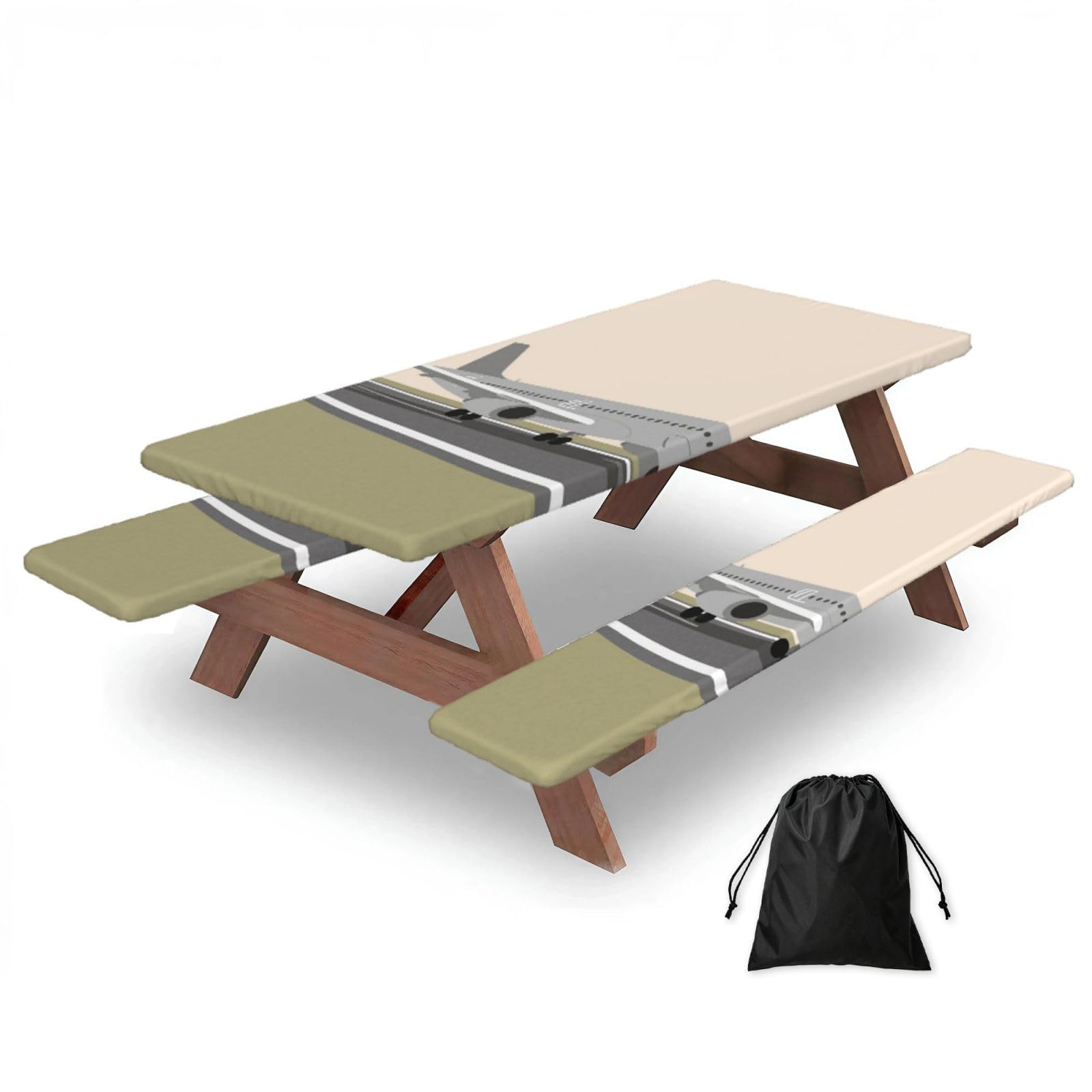 FekiLoot Airplane On Airport Picnic Table Cover with Bench Covers and Bag, Windproof Waterproof Rectangle Tablecloth with Elastic Edges Fitted Camping Table Covers Portable Camping Accessories