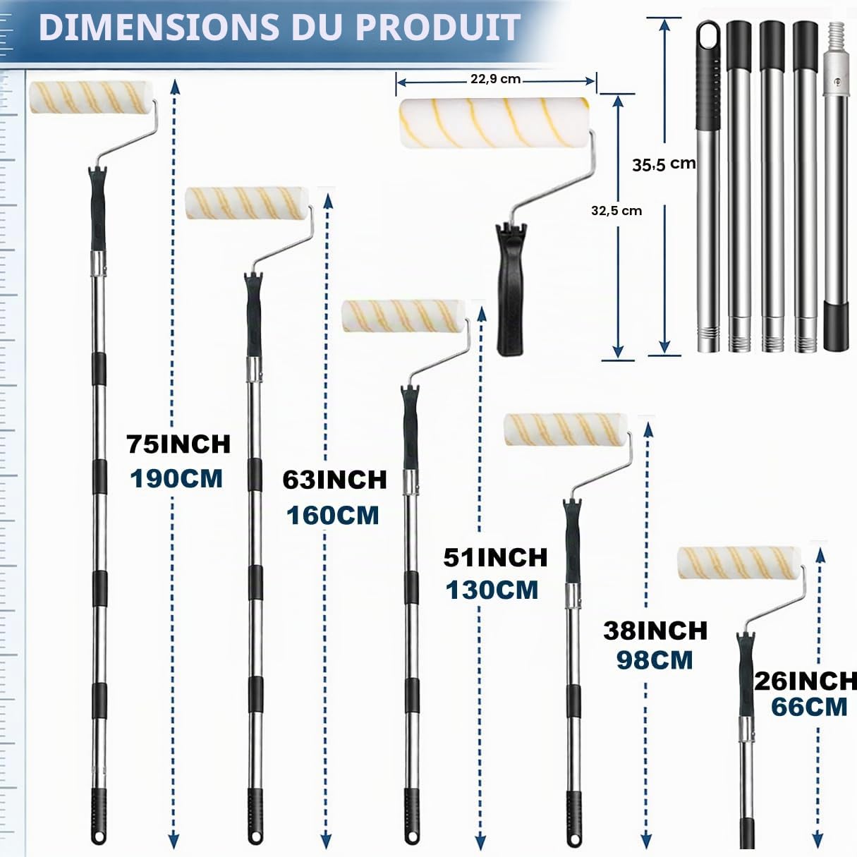 Rouleau de Peinture avec Manche Amovible étendu, Long Outil de Peinture Murale Domestique, Pinceau Mural pour Murs et plafonds (Rouleau de Peinture Le kit)