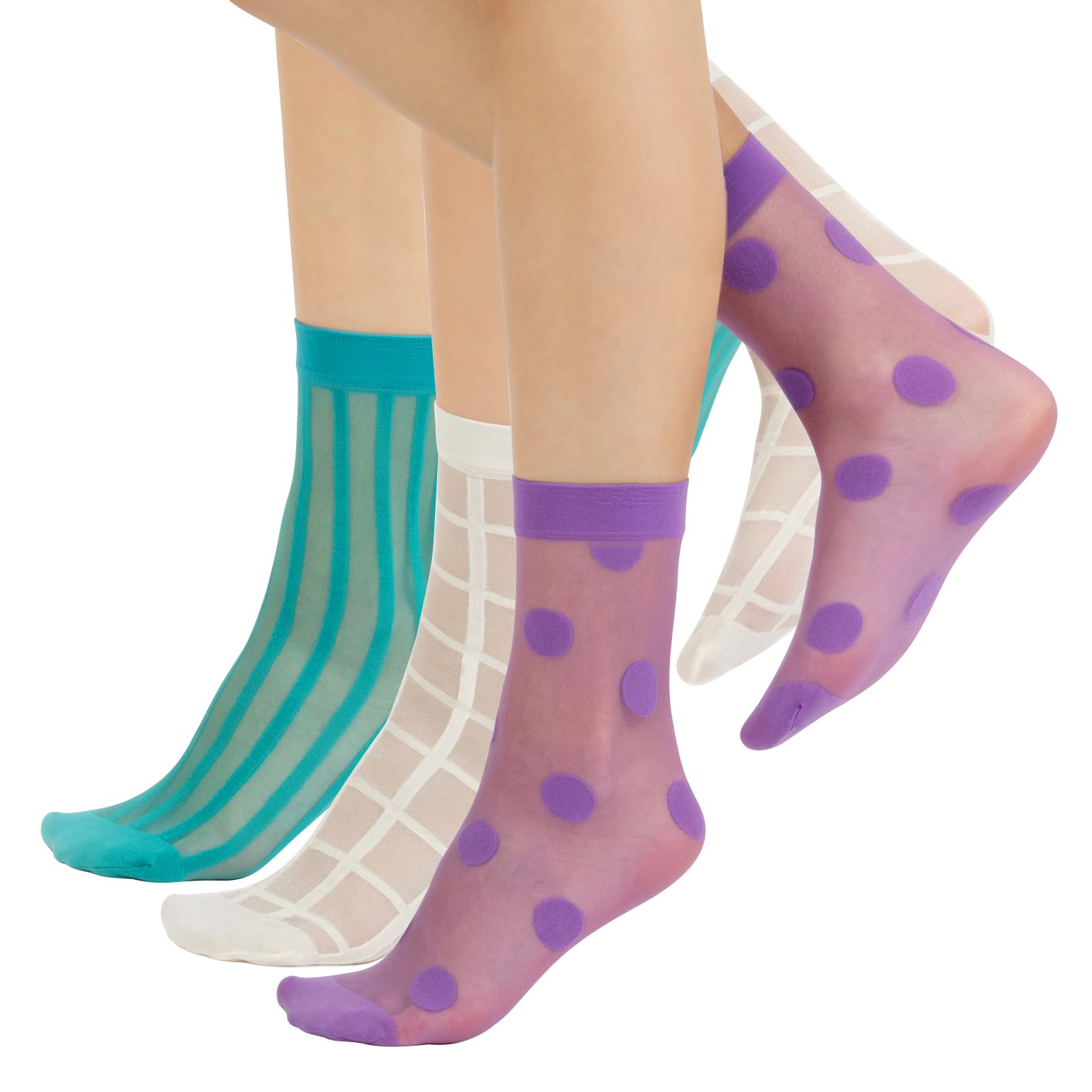CALZITALY 3 Pairs Women Pop Socks, Sheer Everyday Socks, Patterned Ankle Socks, Polka Dots, Stripes, Geometric, One Size, Made in Italy (Lilac+Aqua Green+Cream, One Size)