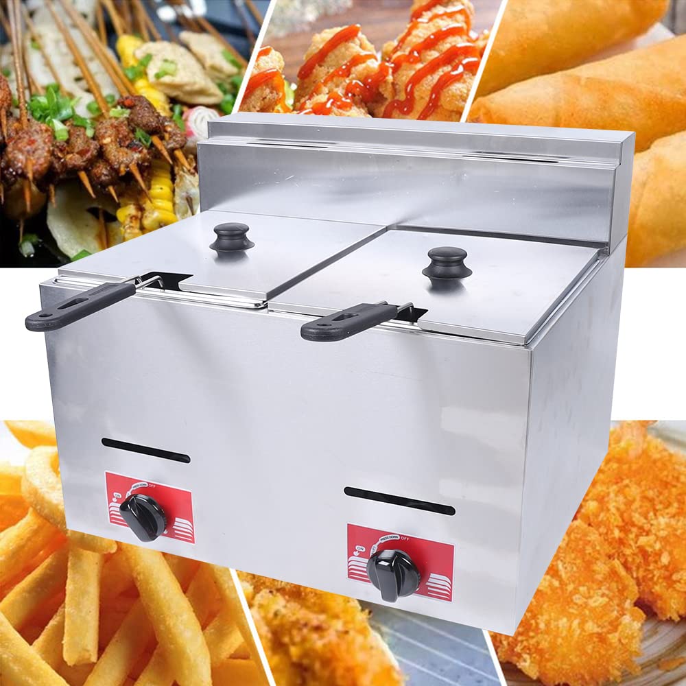Heavy Duty Deep Fryer, 430 Stainless Steel Low Pressure Gas Fryer, 2*Frying Basket Double Cylinder Gas Fryer, Table Snack Fryer, Double Cylinder Double Sift Gas Furnace LPG