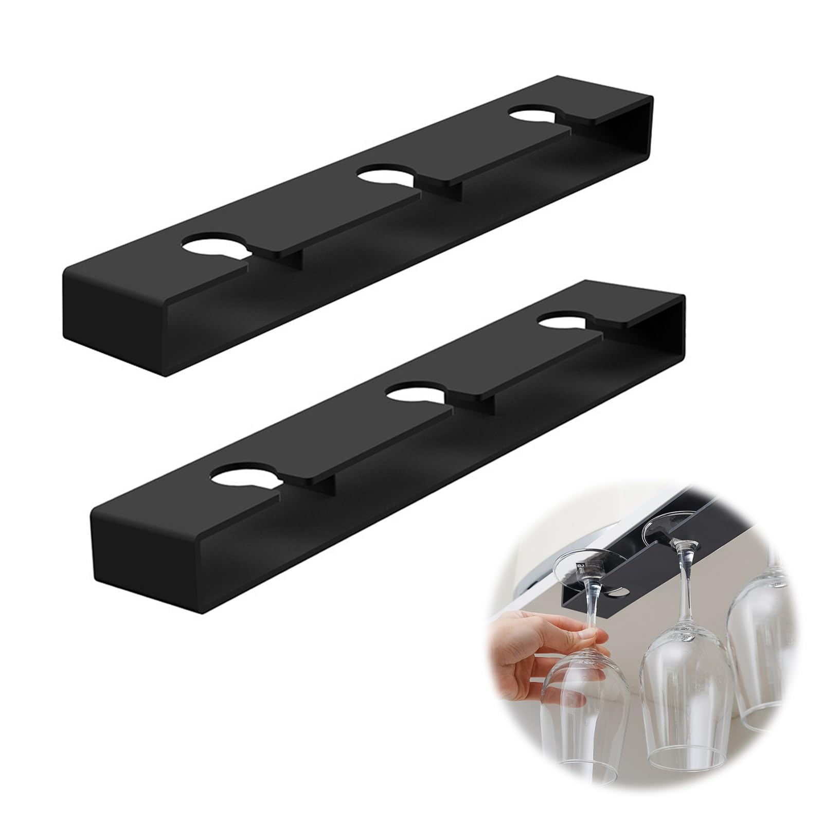 Vastsea 2 Piezas Soporte para copas de vino, Soporte para Copas de Vino Colgante, Soporte para Copas de Vino Debajo del Armario, Estante Colgante para Copas de Vino, Colgador(Negro)