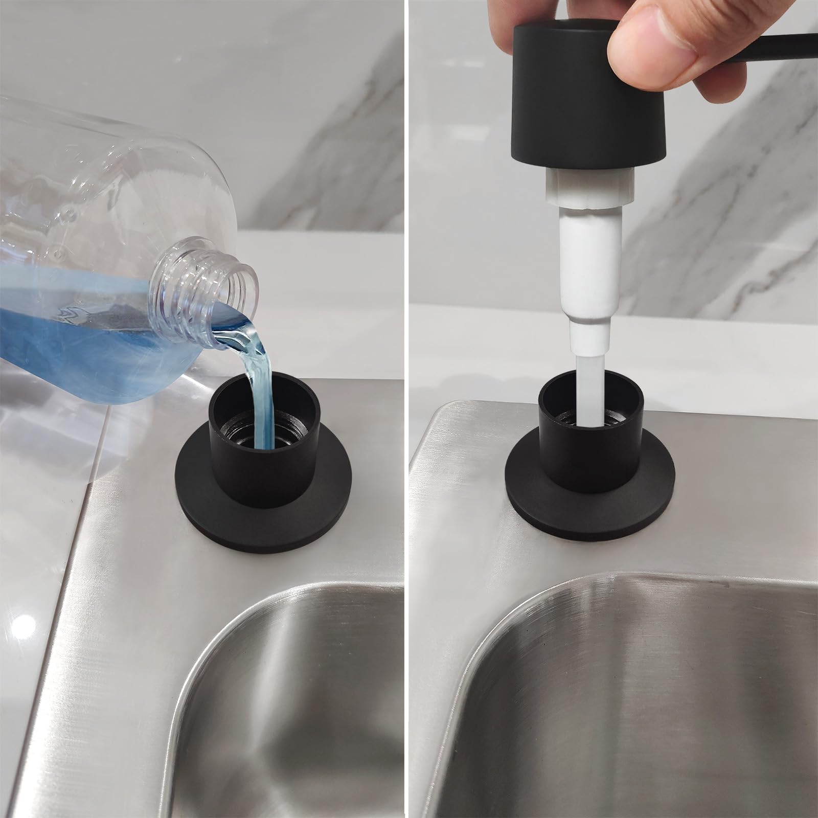 EADOT Dispensador de jabón de latón negro mate para encimera de fregadero de cocina, cabezal de bomba de latón integrado, dispensador de jabón de repuesto desde la parte superior con boquilla larga