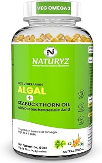 Naturyz Vegetarian Omega 3 Algae + Sea buckthorn Oil Capsules 1120mg | Highest Strength DHA 400mg | Gelatin Free, No Burp... Price In India