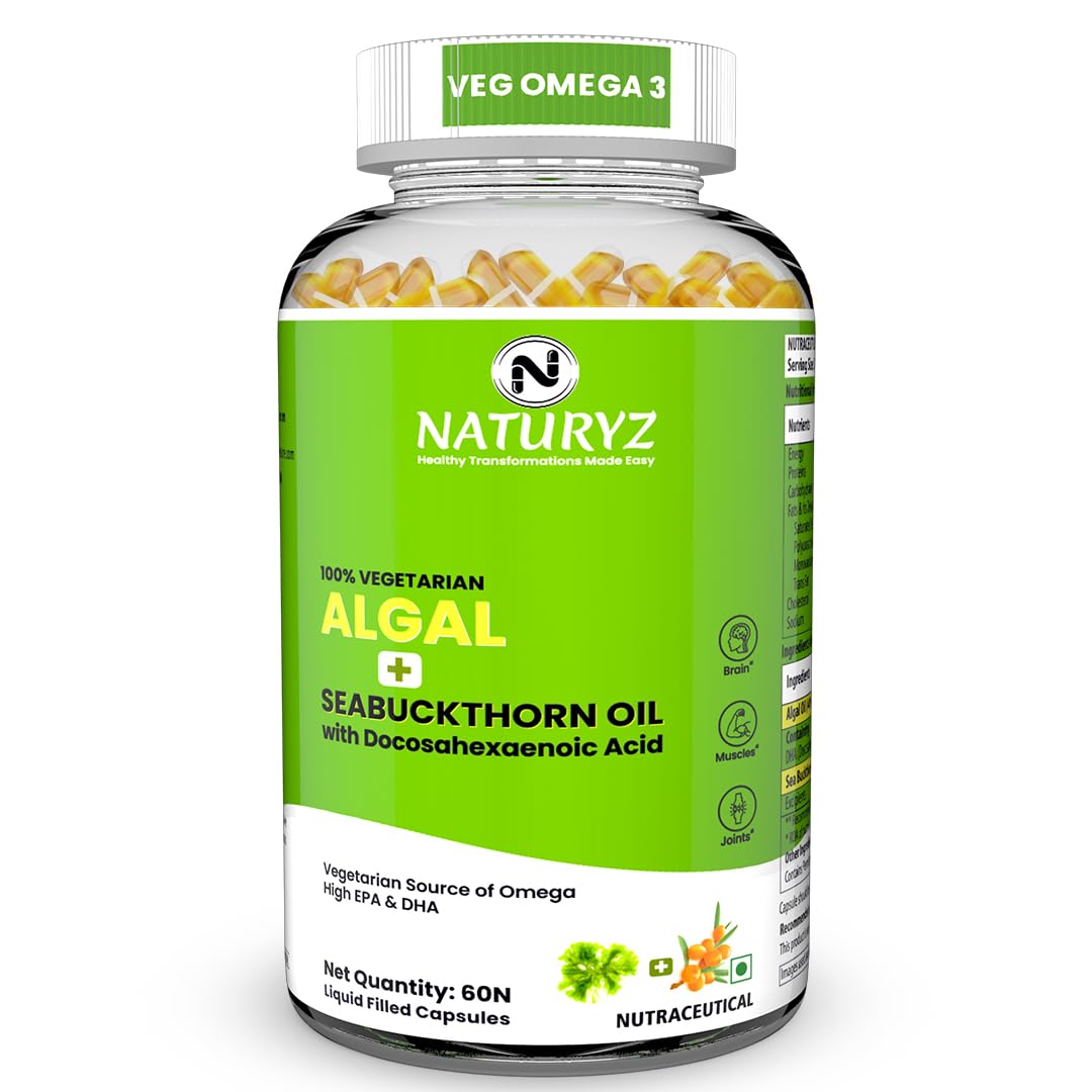 New year Sale Naturyz Vegetarian Omega 3 Algae + Sea buckthorn Oil Capsules 1120mg | Highest Strength DHA 400mg | Gelatin Free, No Burps, No Fish Oil | Supports Healthy Heart, Skin, Brain & Gut | Plant source for Men & Women | 60 Liquid fill Capsules