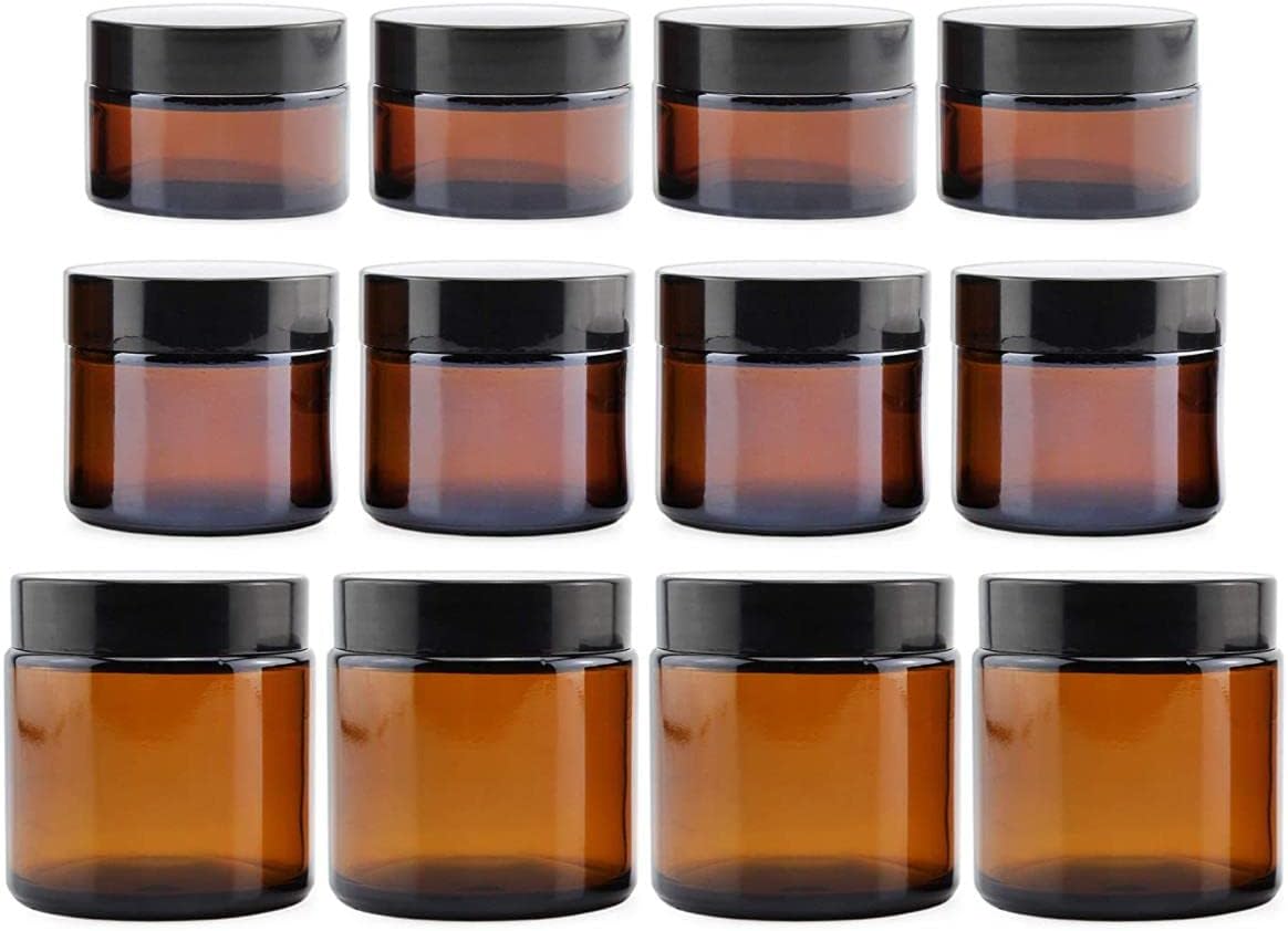 FUFUF 1oz 2oz 4oz Amber Glass Straight Sided Jars (4 Each / 12 Total); Great Containers for Cosmetics, Lotions, Body Scrubs & Balms