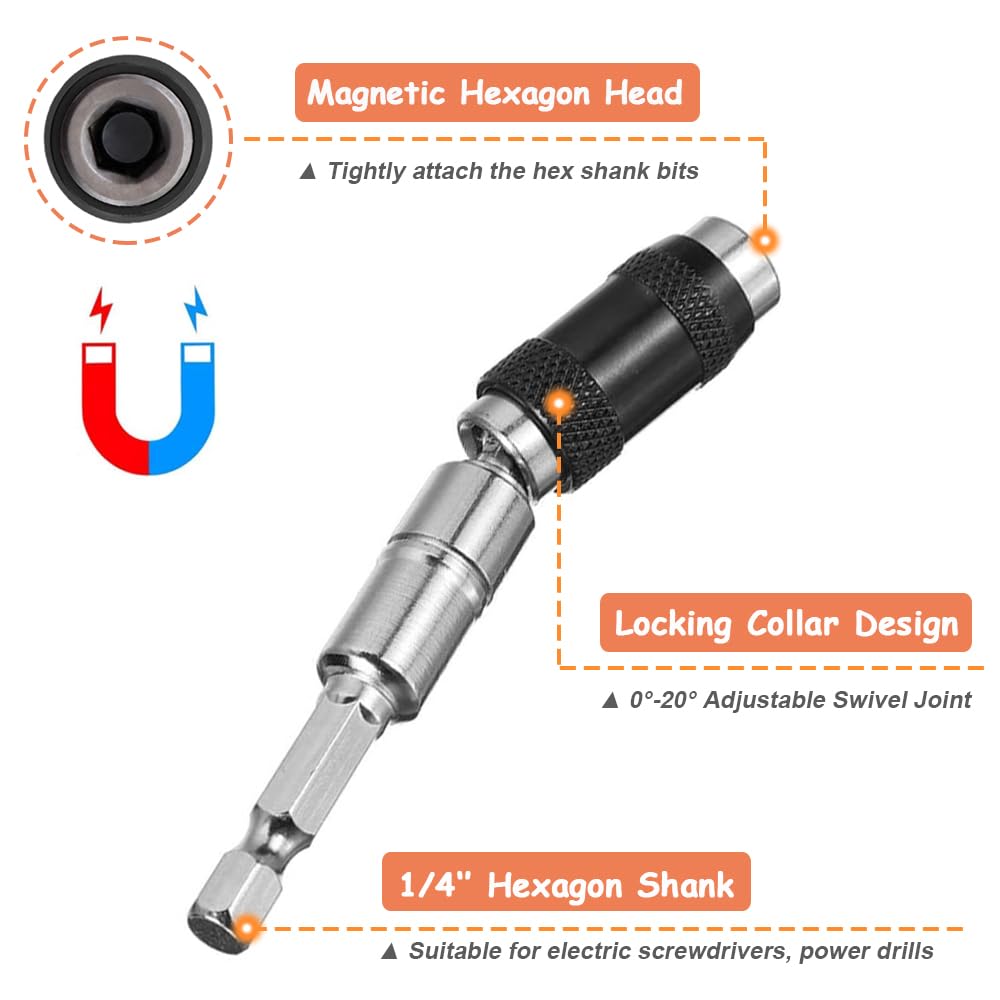 Mesee 3 Pieces Magnetic Pivoting Bit Tip Holder 1/4'' Hex Shank Quick Change Screwdriver Bit Holder Extension Bar Magnetic Screw Drill Tips Holder Extender Rod Bendable in 20° for Corners Tight Spots