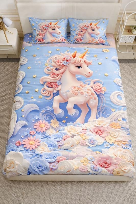 Image of Akshya 7D Bedsheet for Double Bed Falt Bedsheet with 2 Pillow Covers, 300TC, Premium Glace Cotton, Pink Unicorn Cartoon Print, 254 cm x 228 cm