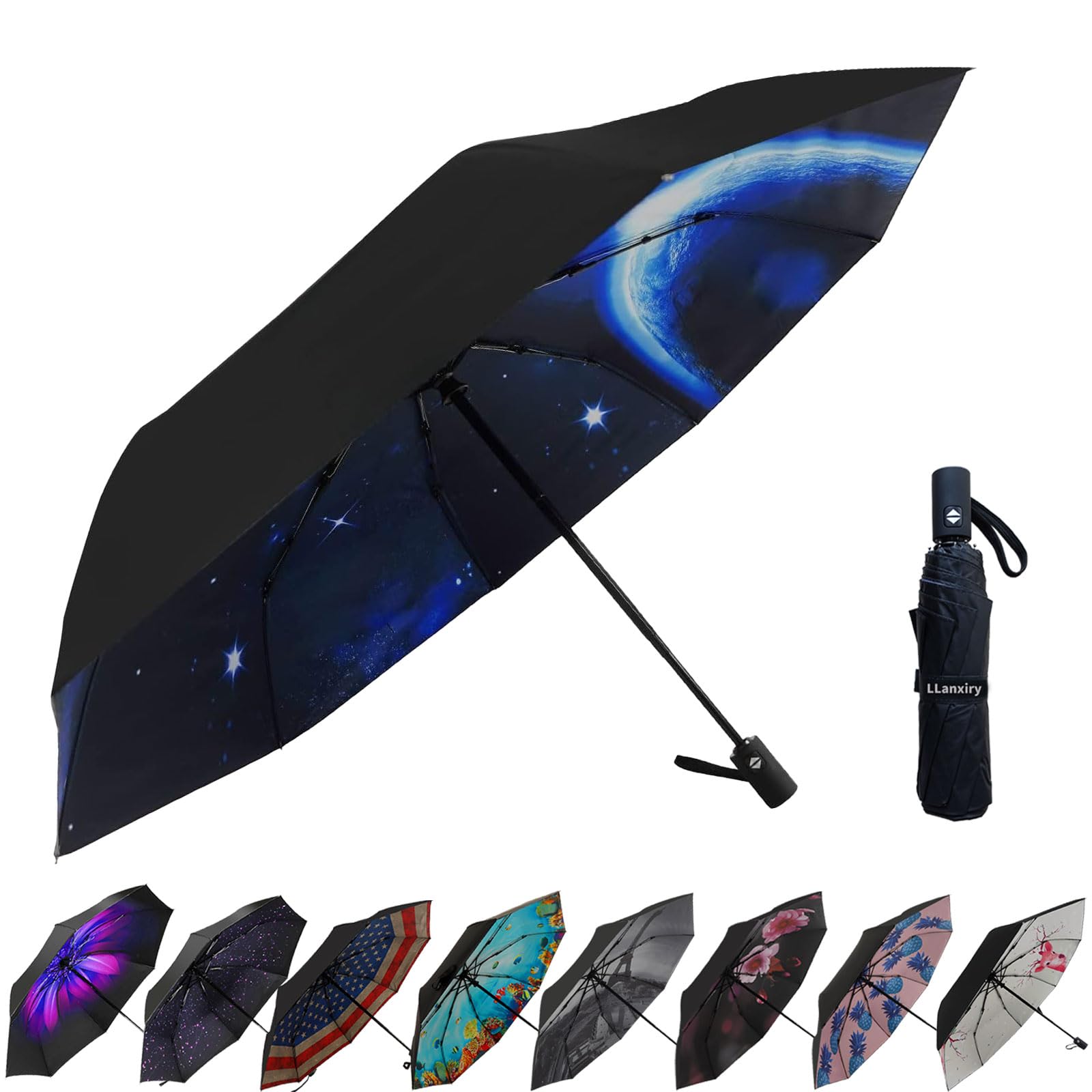 LLanxiry Compact Travel Umbrella, 44" Canopy, Automatic Open/Close Windproof Umbrella, 210T Pongee, 8-Rib Fiberglass, Travel Size Mini, Portable Rain/
