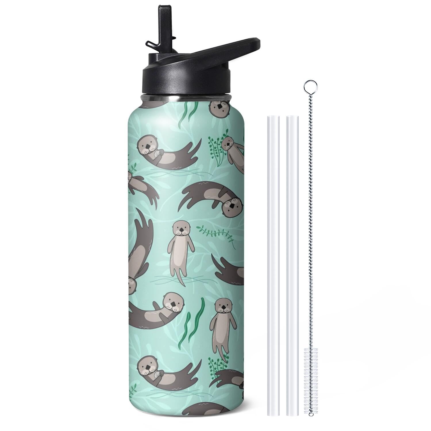 40oz Cute Sea Otter Water Bottle with Handle and Flip Straw, Sports Stainless Steel Insulated Cup, Travel Coffee Mug Tumbler, Birthday Mothers Day Chritmas Gifts for Women Animal Lovers