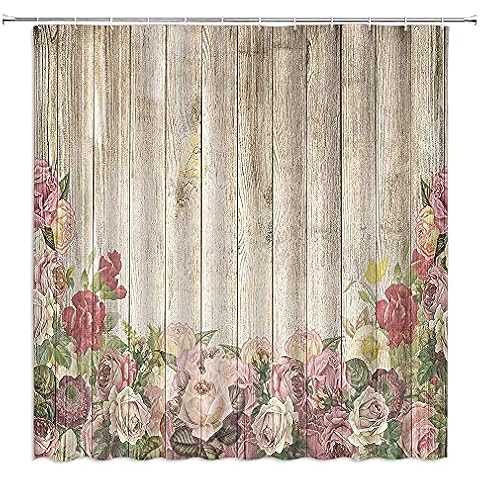 jingjiji Flower Wooden Shower Curtain Vintage Shabby Barn Door Watercolor Peony Rose Flower Spring Bloom Country Bathroom Decoration Polyester Fabric with Hook Brown 70 X 70 Inch Cover