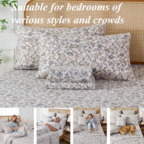 Image of FADFAY Double Gauze Cotton Queen Sheet Set - Breathable Cooling Muslin Bed Sheets, Vintage Paisley Floral Bedding Set, Soft Lightweight Summer Sheets with Fitted Sheet, Flat Sheet & Pillowcases