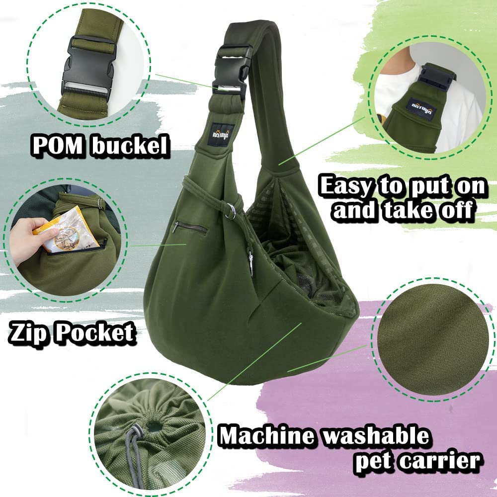 NATUYA Transportador de perro con bolsa de red para transportar perros, gatos, bolsa para mascotas manos libres, bolsillo de red con hebilla (verde)
