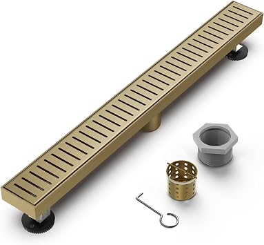 Gold Shower Drain 24 Inch, Modern Linear Shower Drain Brushed Gold | 304 Stainless Steel Shower Drain, Titanium Gold Shower Floor Drain, with Capsule Pattern Grate, Adjustable Feet, for Bathroom