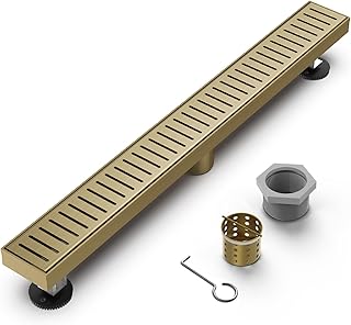 Gold Shower Drain, 304 Stainless Steel Linear Shower Drain 24 Inch with Removable Capsule Pattern Grate - Adjustable Rectangular Brushed Shower Floor Drain with Hair Strainer, Linear Drain