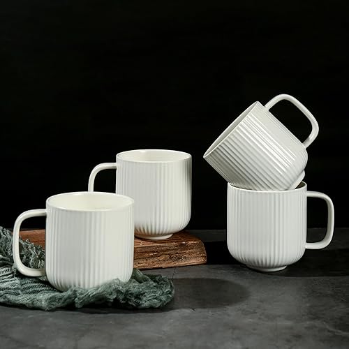 TAIMEI Tazas de café de cerámica, juego de 4 tazas de café grandes de 13 onzas para tazas de coco calientes, café y cacao, taza acanalada vintage
