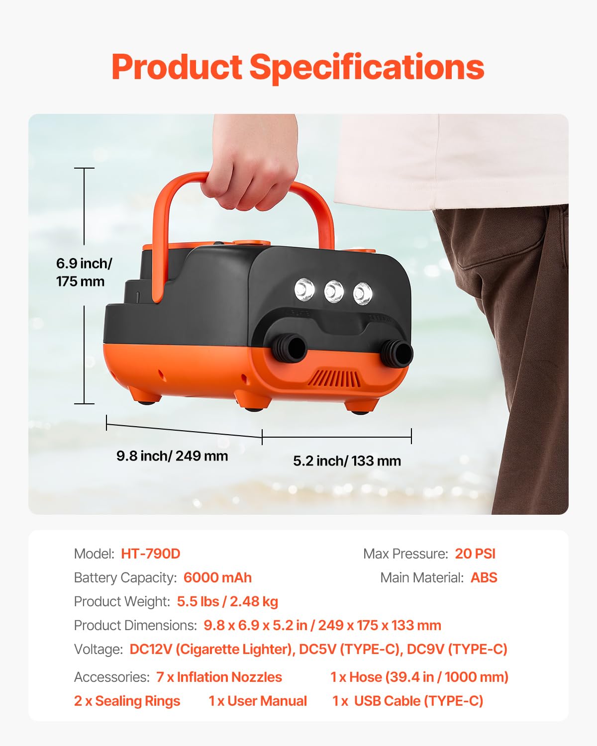 VEVOR Paddleboard Pumpe mit USB-Ausgang, zweistufige elektrische SUP-Luftpumpe mit automatischer Abschaltung & LED Licht, Aufblasen & Entleeren ideal für aufblasbare Paddleboards Zelte
