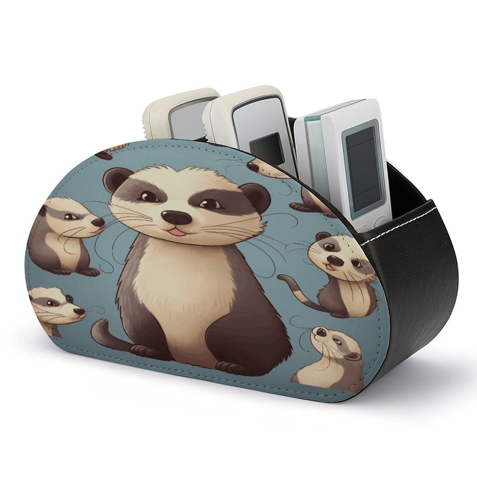 VstaDank Hairy Ferret Remote Control Holder with 5 Compartments Pu Leather TV Remote Caddy Storage Box Desktop Organizer Store Controller DVD Brush Pens Glasses&Office Supplies