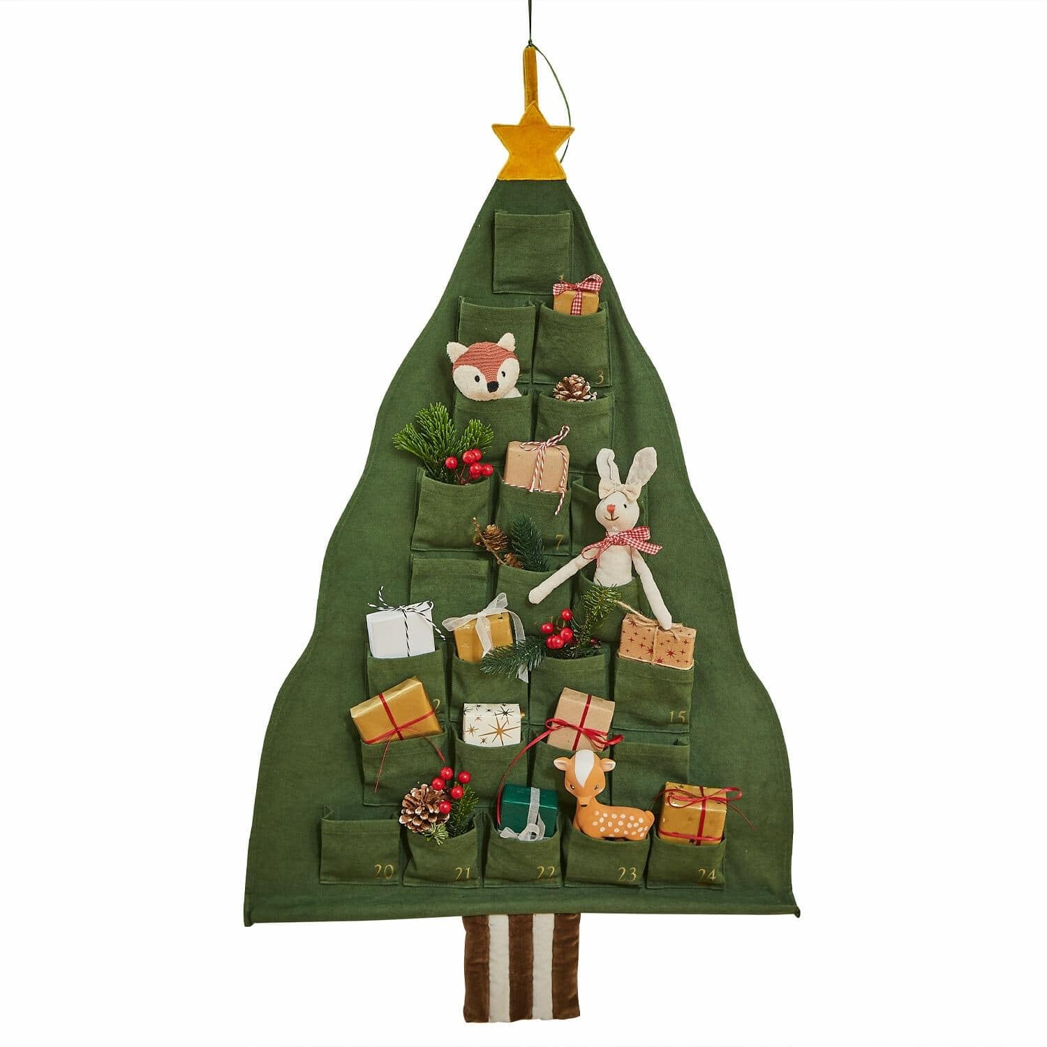 LOBERON Adventskalender Talira, in Form eines Weihnachtsbaums, Handgewebt, Bedruckte Nummerierung, Individuell Befüllbar, Adventszubehör, Advent, Baumwolle, Bambus, grün
