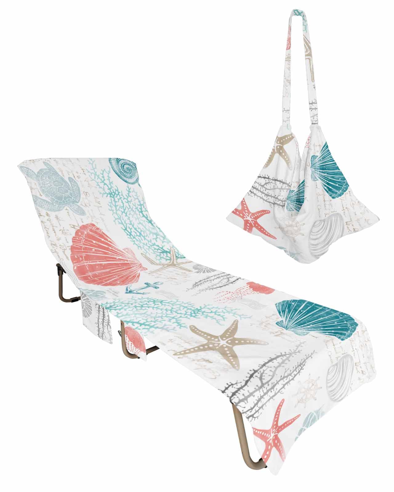 Coastal Coral Red Beach Chair Towel Covers for Chaise Lounge with Side Pocket, Soft Plush Pool Towels Cover for Patio Sunbathing Outdoor Nautical Ocean Turtle Teal Starfish Conch 29''x85''