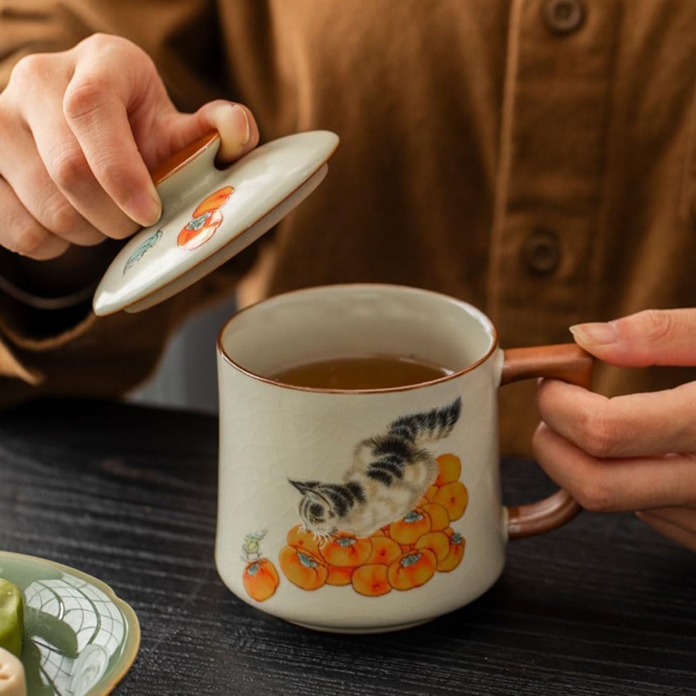 Coffee Cup Mugs Cute Cat Persimmon Ceramic Cup Lid and Handle Mug For Home Commercial Office Coffee Milk Tea