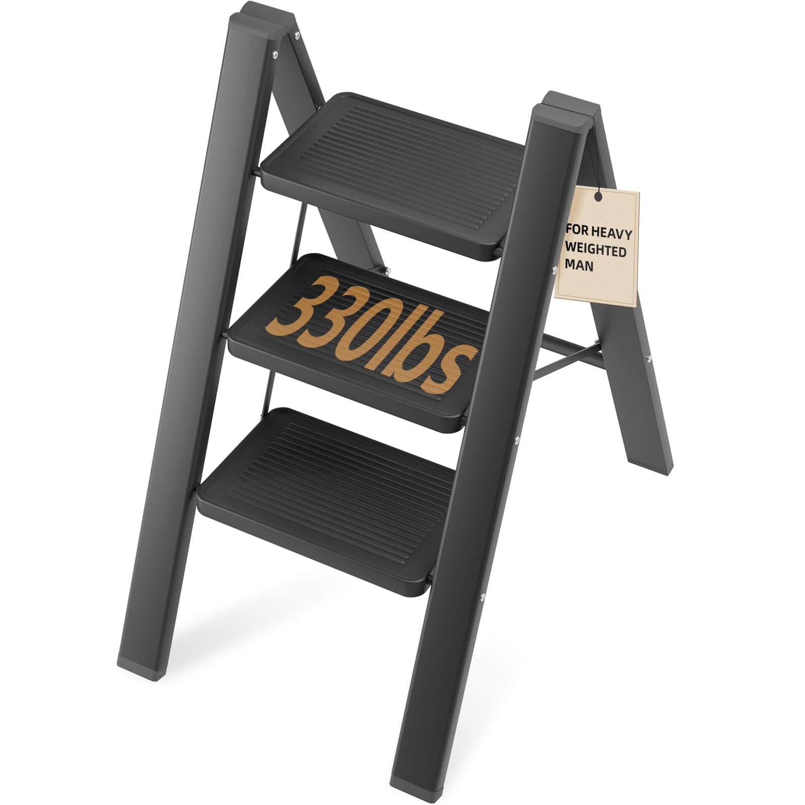 Kikcoin 3 Step Ladder, Folding Ladder with Wide Non-Slip Pedal, Step Stool Foldable for Heavy-Weighted Adults, Portable Stepladders for Home, Kitchen, Office and Multi-use, Sturdy Steel 330lbs, Black