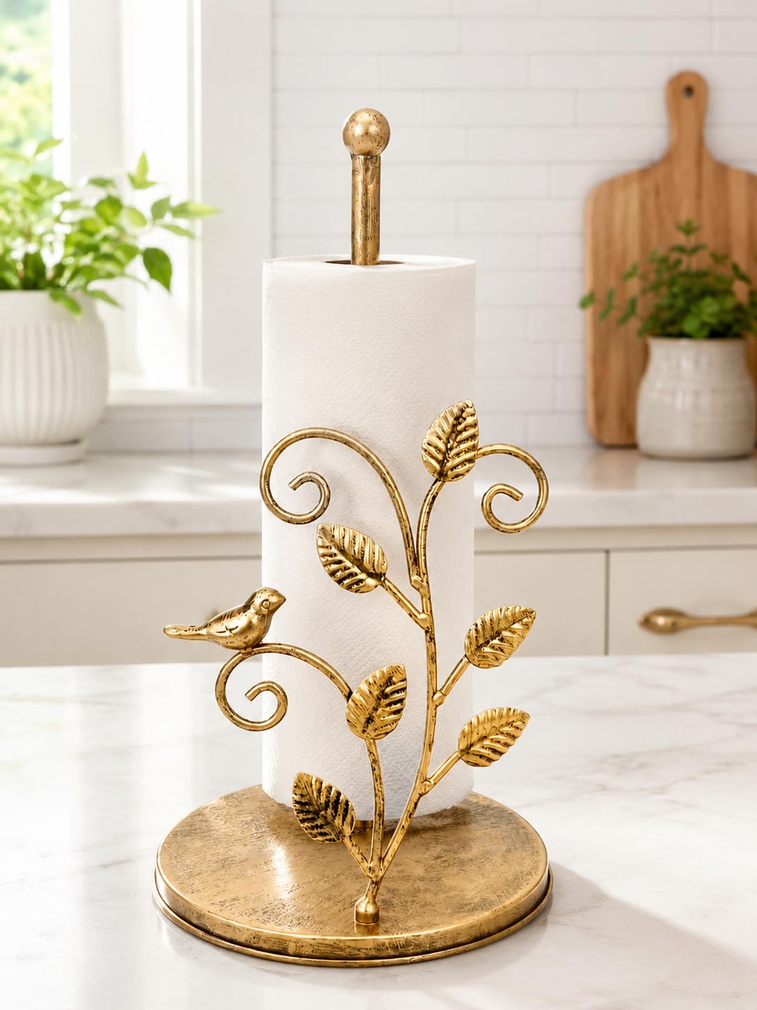 Gold Bird - Portarrollos de cocina para toallas de papel | Latón vintage | Elegante dispensador de rollos de acero inoxidable de alta calidad para encimera de cocina