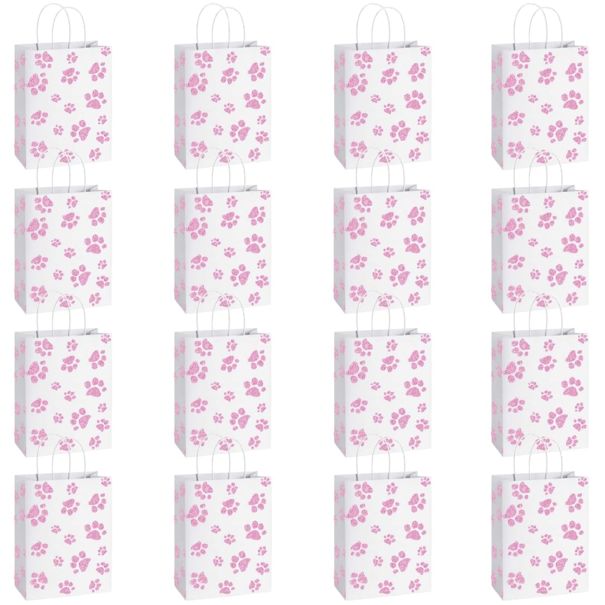16 Packs Paw Print Gift Bags with Handles, 22x16x8 cm Dog Cat Gift Bags with Twist Handles for Kids or Adults in Birthday party, Weddings, Events or Shopping (pink)