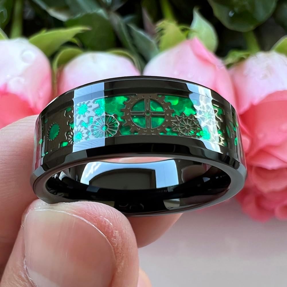 TUTISS 8mm Blue Red Green Carbon Fiber Steampunk Gear Inlay Silver and Black Tungsten Rings for Men Women Wedding Bands Beveled Edges I Love You Engraved Comfort Fit
