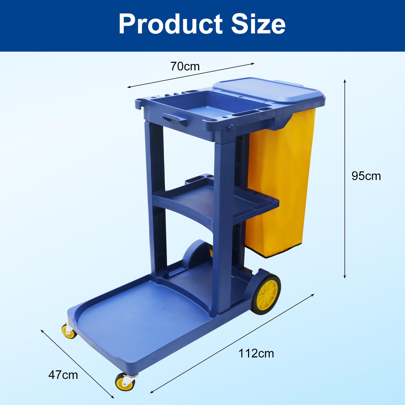 Carro de limpieza con ruedas, carrito de limpieza profesional con 3 estantes y bolsa de basura extraíble, carrito de servicio para hotel, oficina, hospital, hogar